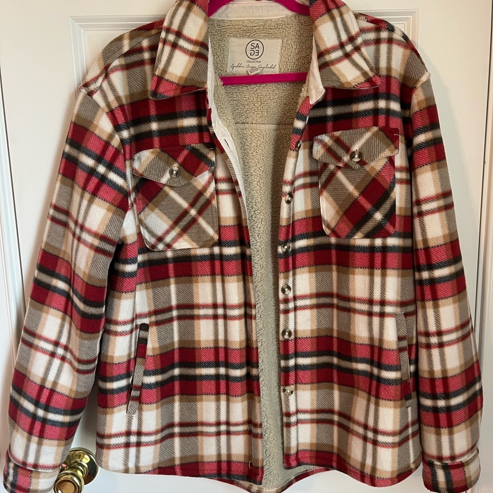 Sage Red and Brown Plaid Sherpa Jacket